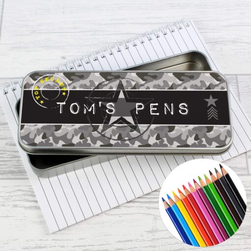 (product) Personalised Army Camo Pencil Tin with Pencil Crayons