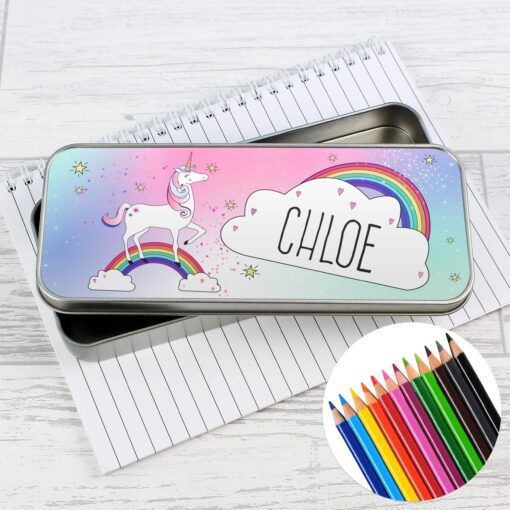(product) Personalised Unicorn Pencil Tin with Pencil Crayons