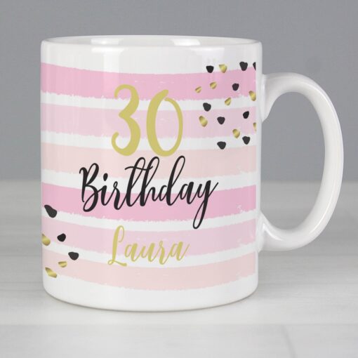(product) Personalised Birthday Gold and Pink Stripe Mug