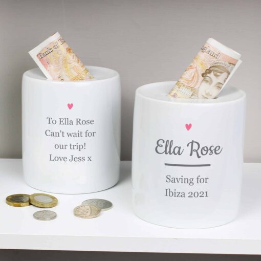 (product) Personalised Pink Heart Motif Ceramic Money Box