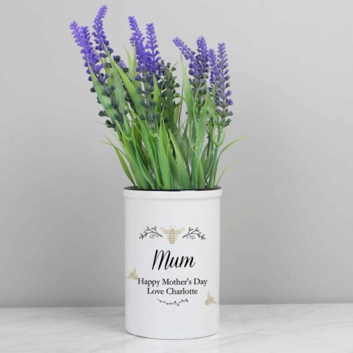 (product) Personalised Floral Bee Straight Sided Flower Pot