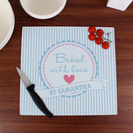 (product) Personalised Baked With Love Glass Chopping Board / Worktop Saver