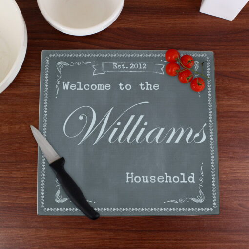 (product) Personalised Family Chalk Glass Chopping Board / Workshop Saver