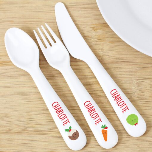 (product) Personalised 'First Christmas Dinner' 3 Piece Plastic Cutlery Set