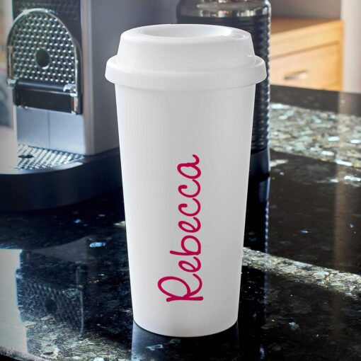 (product) Personalised Pink Name Island Insulated Eco Travel Cup
