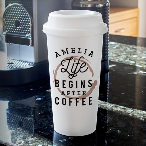 (product) Personalised 'Life Begins After Coffee' Insulated Eco Travel Cup