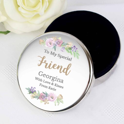 (product) Personalised Floral Watercolour Round Trinket Box