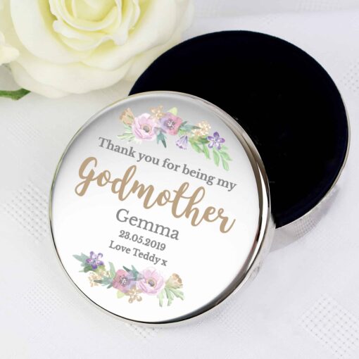 (product) Personalised Godmother 'Floral Watercolour' Round Trinket Box
