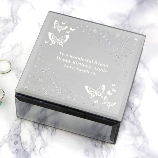 (product) Personalised White Butterfly Diamante Glass Trinket Box