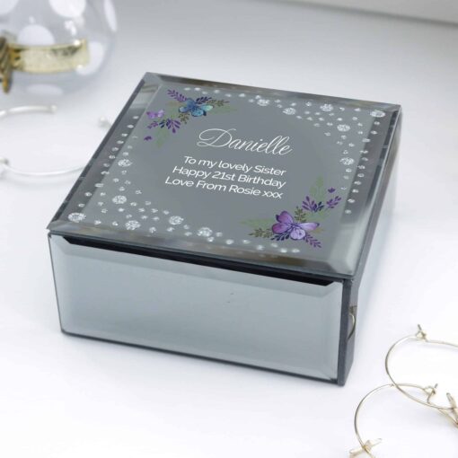 (product) Personalised Floral Butterfly Diamante Glass Trinket Box