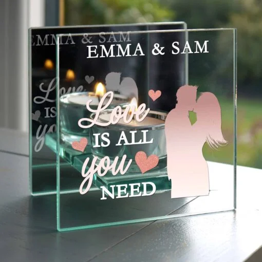 (product) Personalised 'Love is All You Need' Mirrored Glass Tea Light Candle Holder