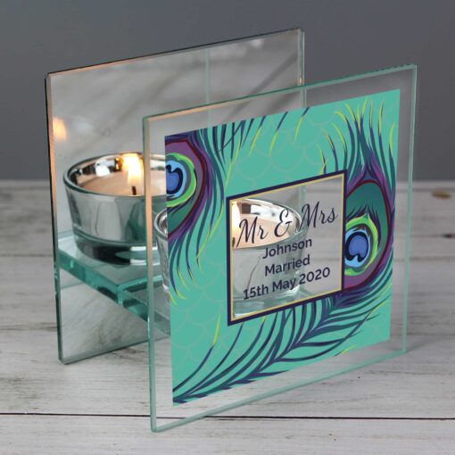 (product) Personalised Peacock Mirrored Glass Tea Light Candle Holder