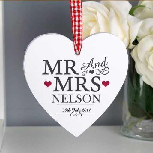 (product) Personalised Mr & Mrs Wooden Heart Decoration