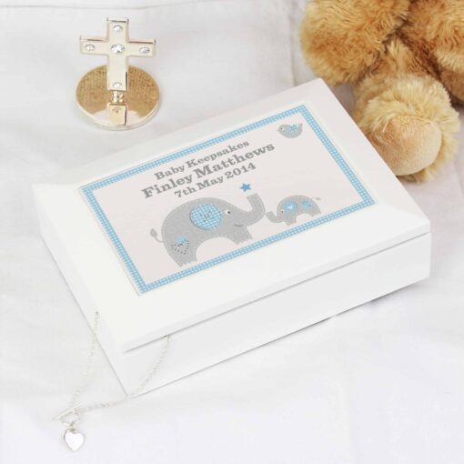 (product) Personalised Blue Baby Elephant White Wooden Keepsake Box