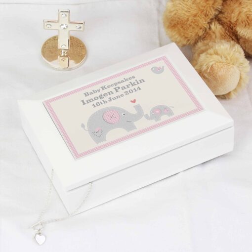 (product) Personalised Pink Baby Elephant White Wooden Keepsake Box