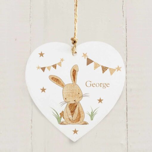 (product) Personalised Hessian Rabbit Wooden Heart Decoration