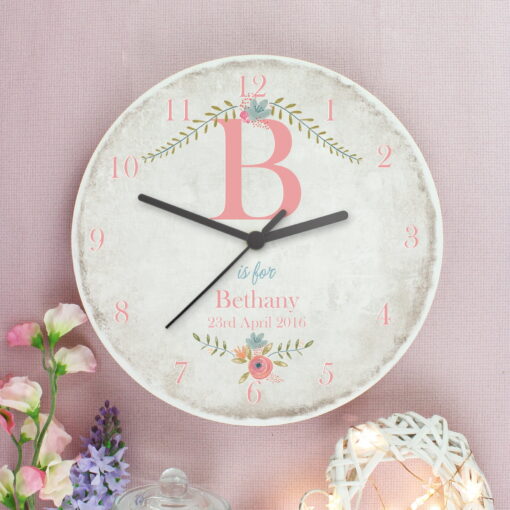 (product) Personalised Floral Bouquet Shabby Chic Large Wooden Clock