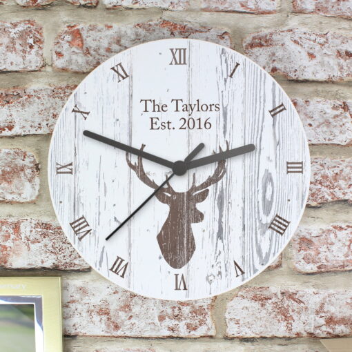 (product) Personalised Highland Stag Shabby Chic Wooden Clock