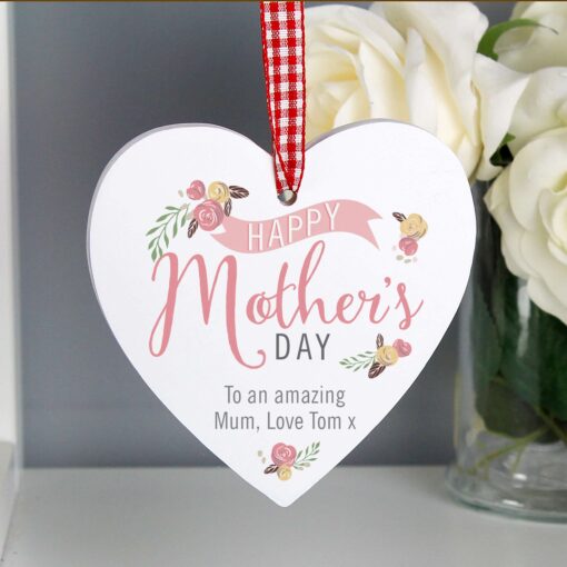 (product) Personalised Floral Bouquet Mother's Day Wooden Heart Decoration