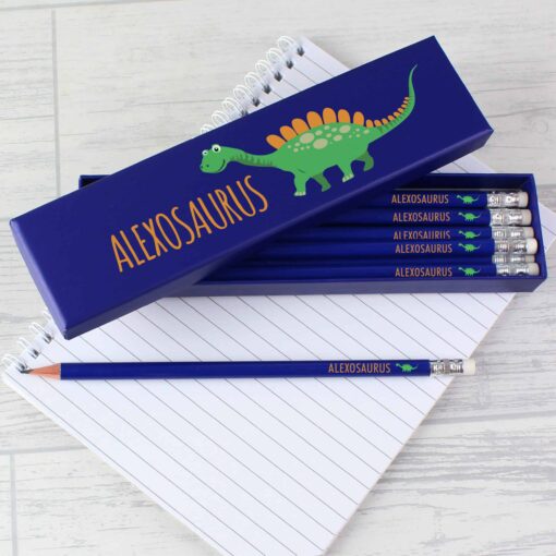 (product) Personalised Dinosaur Box of 12 Blue HB Pencils
