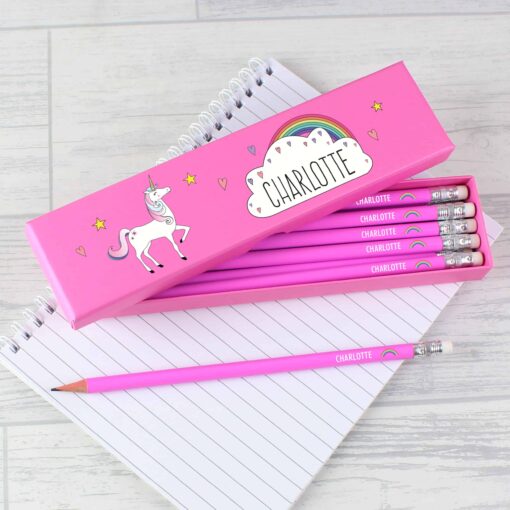 (product) Personalised Unicorn Box of 12 Pink HB Pencils
