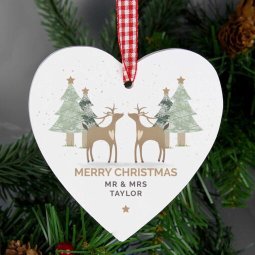 (product) Personalised Reindeer Couple Wooden Heart Decoration