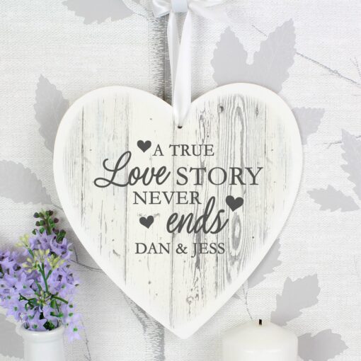 (product) Personalised Love Story Large Wooden Heart Decoration