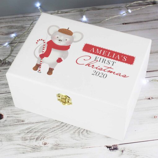 (product) Personalised '1st Christmas' Mouse White Wooden Keepsake Box