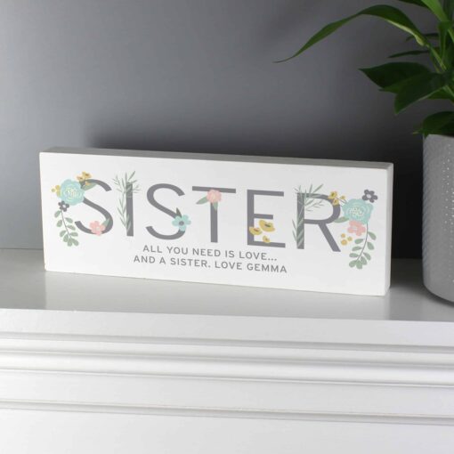 (product) Personalised Floral Sister Wooden Block Sign