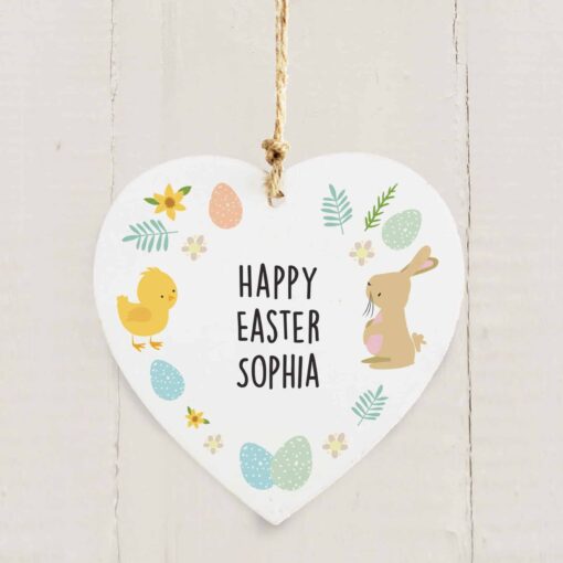 (product) Personalised Easter Bunny & Chick Wooden Heart Decoration