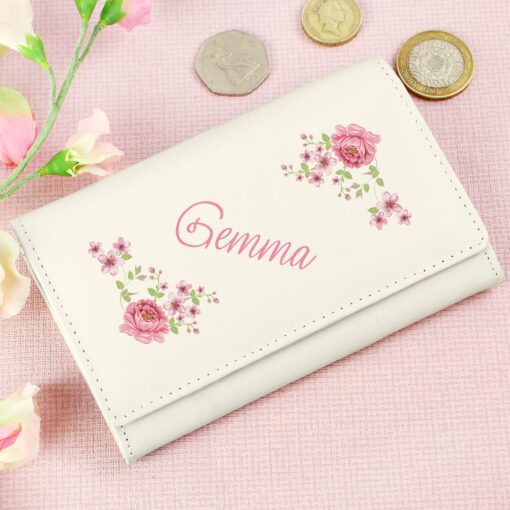 (product) Personalised Floral Cream Leather Purse