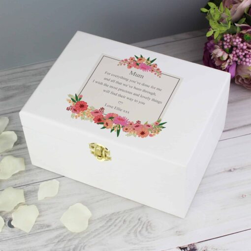 (product) Personalised Floral Wishes White Wooden Keepsake Box