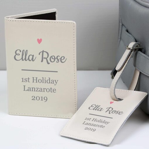 (product) Personalised Pink Heart Cream Passport Holder & Luggage Tag Set