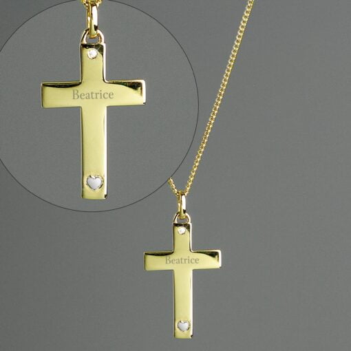 (product) Personalised 9ct Gold Cross with Sterling Silver Heart & CZ Necklace