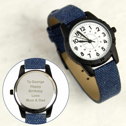 (product) Personalised Black with Blue Canvas Strap Boys Watch