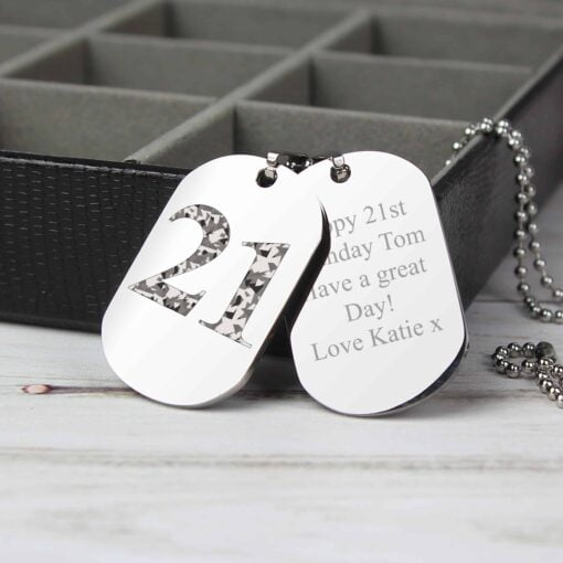 (product) Personalised Camouflage Age Stainless Steel Double Dog Tag Necklace