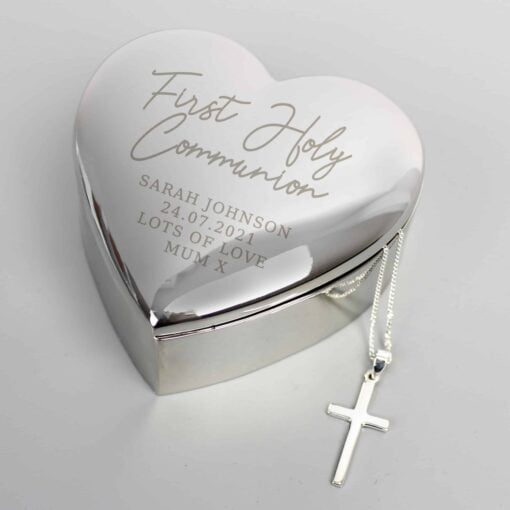(product) Personalised First Holy Communion Heart Trinket Box & Cross Necklace Set