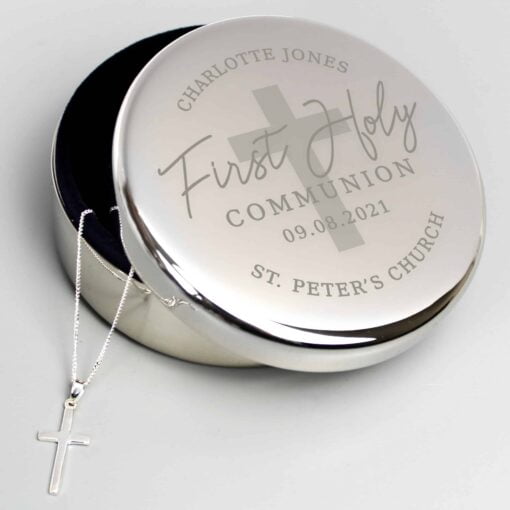 (product) Personalised First Holy Communion Round Trinket Box & Cross Necklace Set