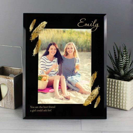 (product) Personalised Golden Feather 5x7 Black Glass Photo Frame