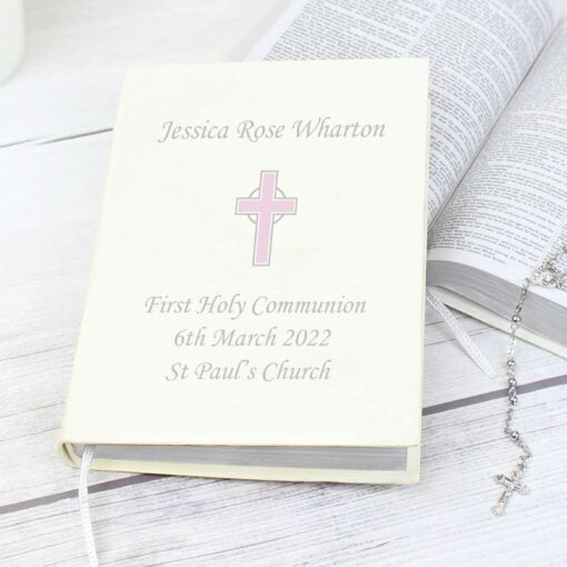 (product) Personalised Pink Cross Holy Bible - Eco-friendly