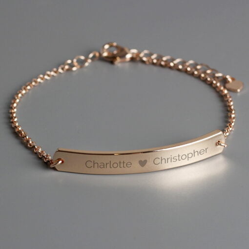 (product) Personalised Rose Gold Tone Heart Bar Bracelet