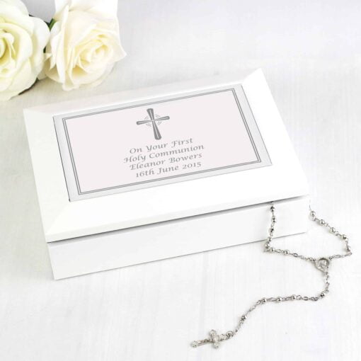 (product) Personalised Silver Cross White Wooden Keepsake Box