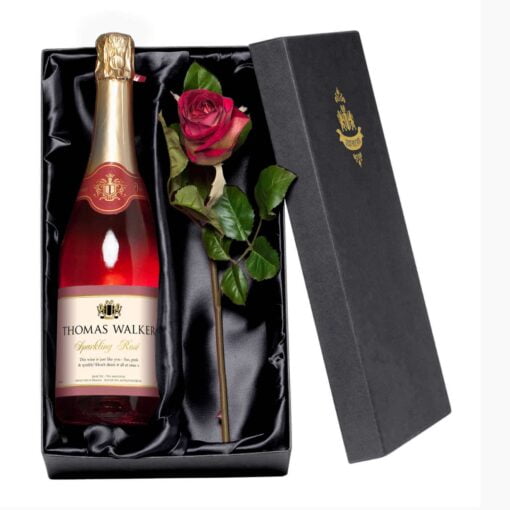 (product) Personalised Sparkling Rosé Wine & Silk Rose