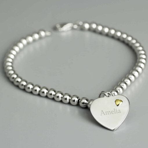 (product) Personalised Sterling Silver and 9ct Gold Heart Bracelet