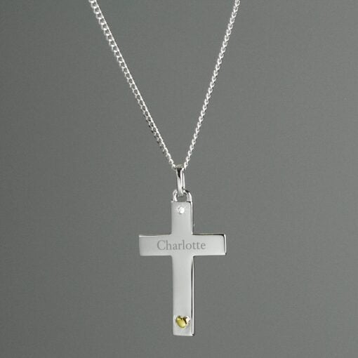 (product) Personalised Sterling Silver Cross with 9ct Gold Heart & CZ Necklace