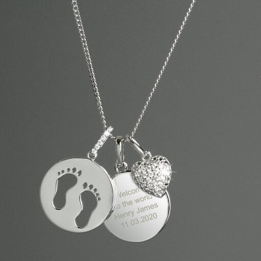 (product) Personalised Sterling Silver Footprints and Cubic Zirconia Heart Necklace
