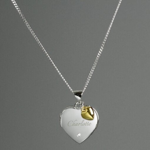 (product) Personalised Sterling Silver Heart Locket Necklace with Diamond and 9ct Gold Charm