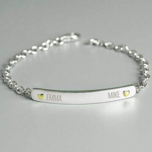 (product) Personalised Two Names Sterling Silver and 9ct Gold Bar Bracelet
