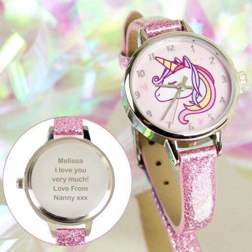 (product) Personalised Unicorn with Pink Glitter Strap Girls Watch
