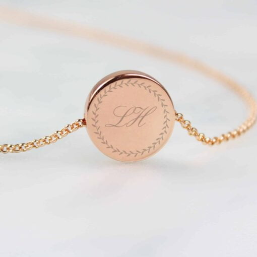 (product) Personalised Wreath Initials Rose Gold Tone Disc Necklace